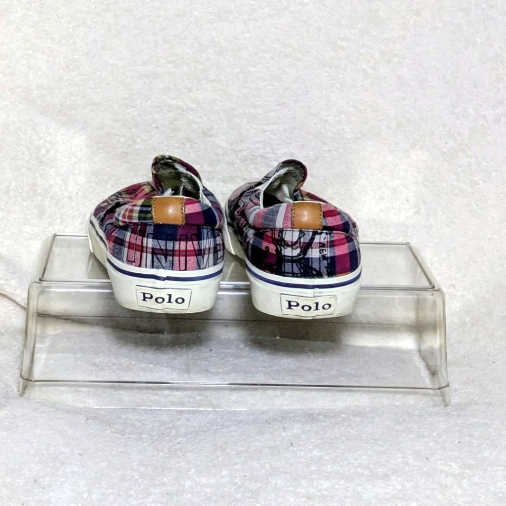 Polo Ralph Lauren Keaton Slip-On Madras Plaid Crest Overprint Sneakers Size 9.5‎